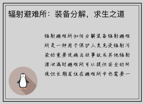 辐射避难所：装备分解，求生之道